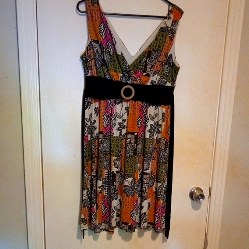 Cato Orange and Black Pleated Sundress V-Neck Midi